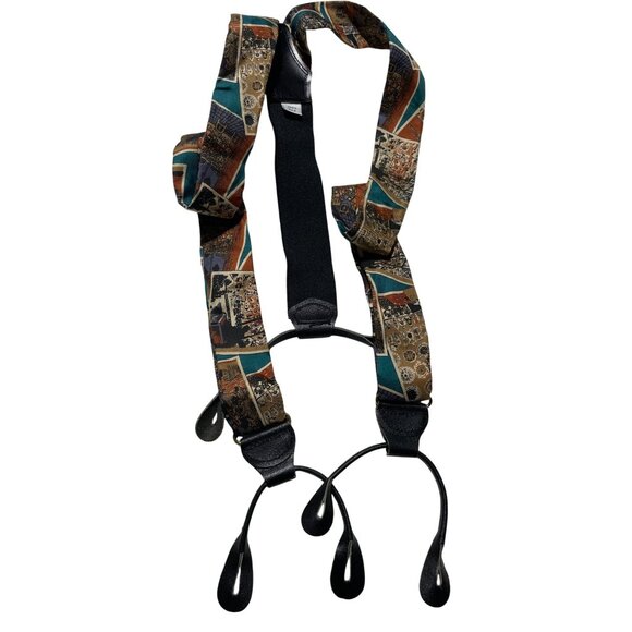 Vintage Silk & Leather Suspenders With Abstract Art Pattern - Picture 1 of 2